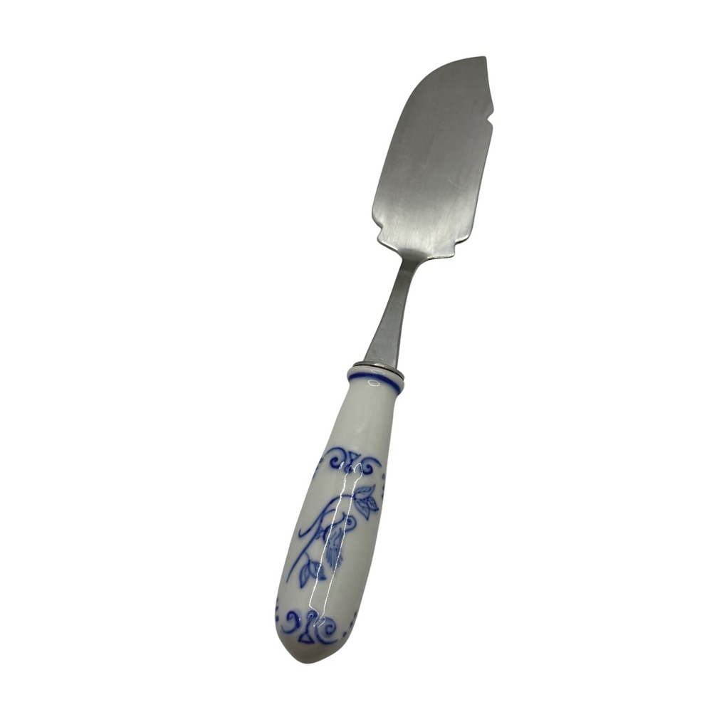 Vtg INOX Italy Spatula Ceramic Handle Blue White Bird‎ Motif Kitchen Utensil